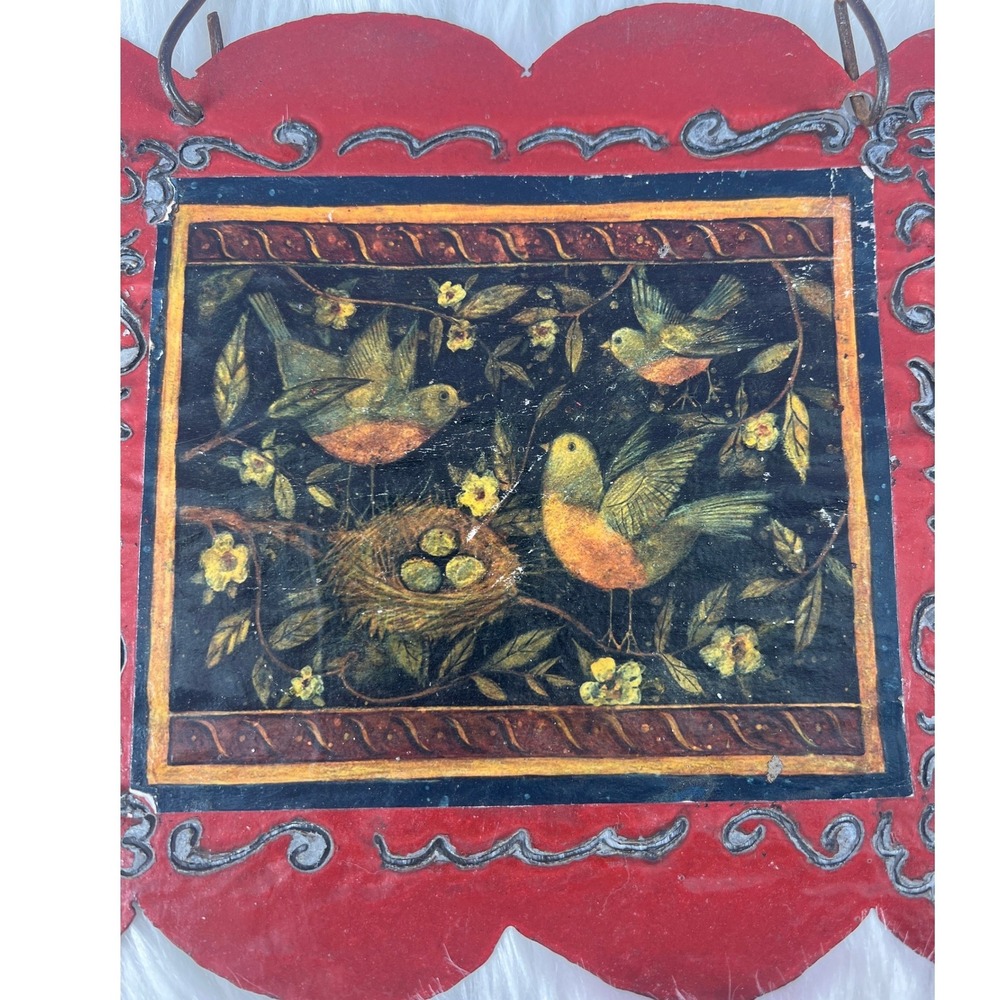 Vintage Folk Art Metal Wall Hanging Birds Nest Scalloped Red Plaque Cottagecore - Picture 2 of 7